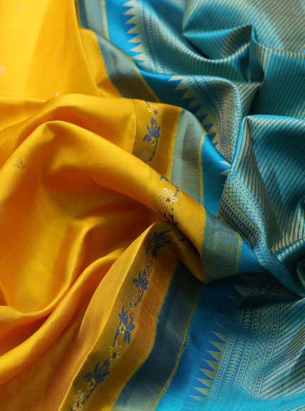 Yellow - Teal Blue Pure Kanchipuram Silk Saree