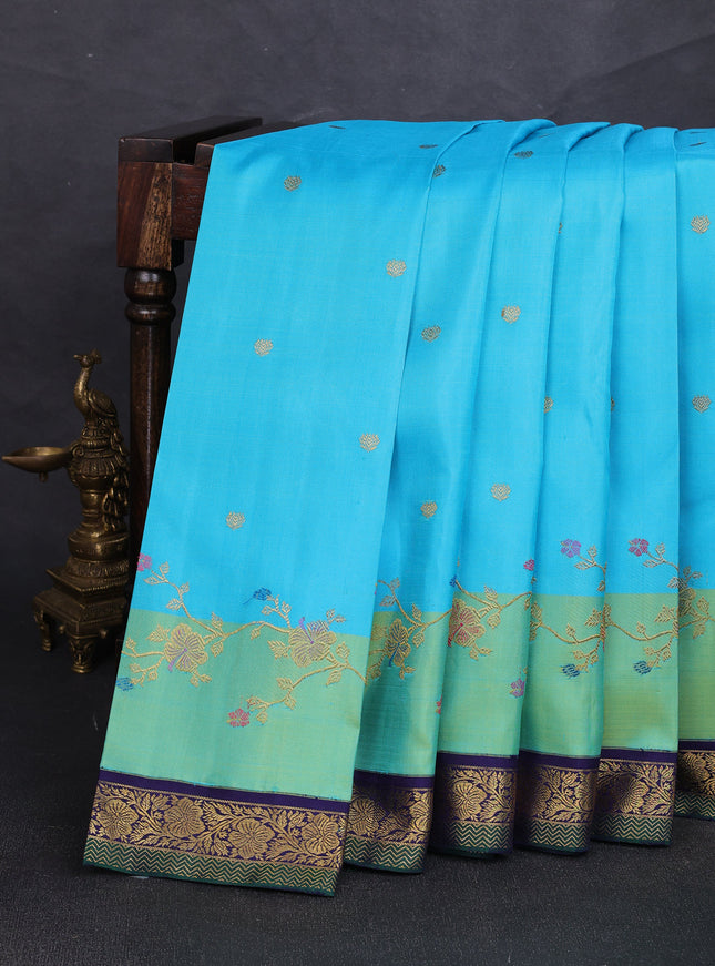 Aqua Blue - Dark Blue Pure Kanchipuram Silk Saree