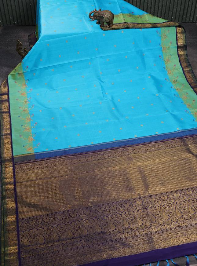 Aqua Blue - Dark Blue Pure Kanchipuram Silk Saree