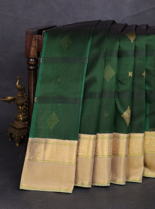 Bottle Green - Beige Kanchipuram Kora Silk Saree