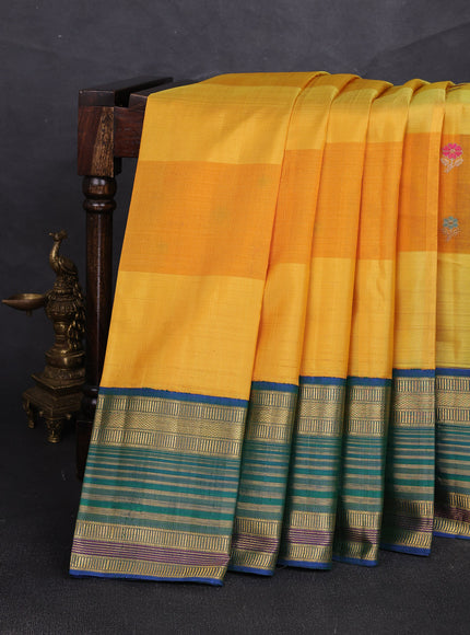 Yellow - Blue Kanchipuram Kora Silk Saree