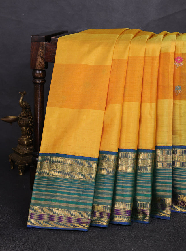 Yellow - Blue Kanchipuram Kora Silk Saree