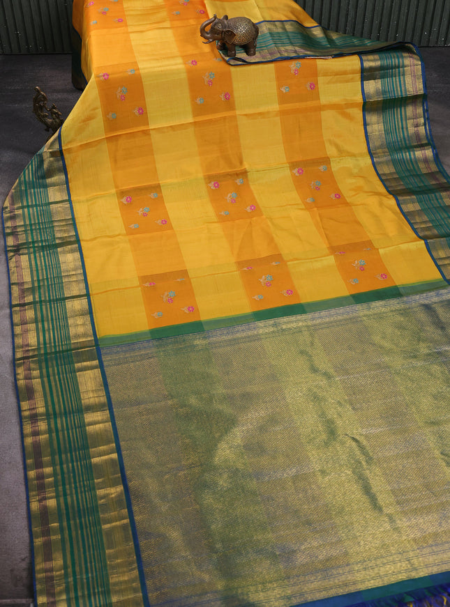Yellow - Blue Kanchipuram Kora Silk Saree