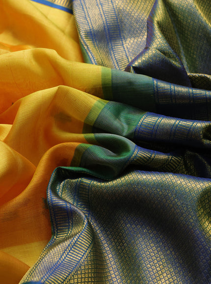 Yellow - Blue Kanchipuram Kora Silk Saree