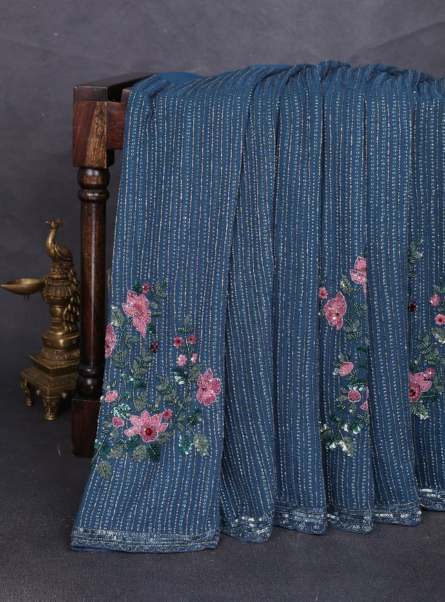 Peacock Blue Georgette Sequin Embroidery Saree