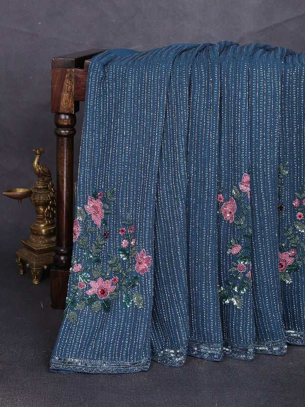 Peacock Blue Georgette Sequin Embroidery Saree