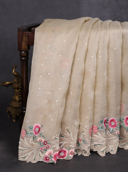 Beige Organza Embroidery Silk Saree