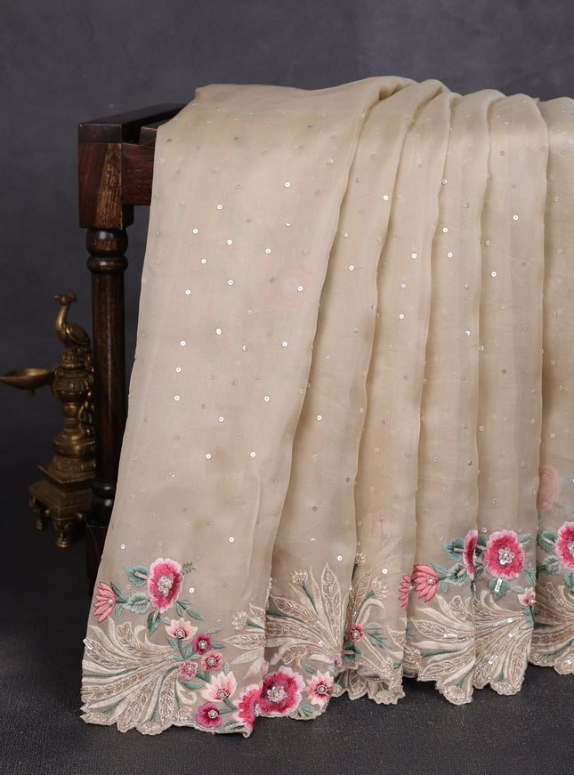 Beige Organza Embroidery Silk Saree