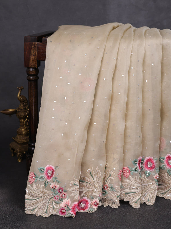 Beige Organza Embroidery Silk Saree