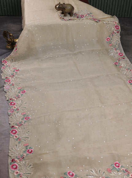 Beige Organza Embroidery Silk Saree