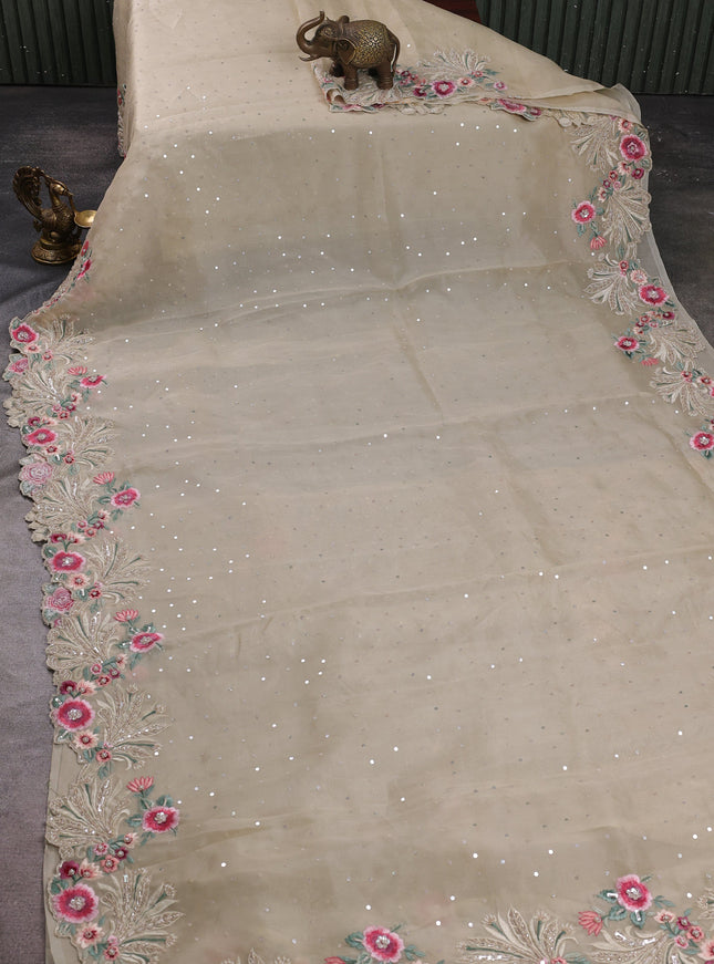Beige Organza Embroidery Silk Saree