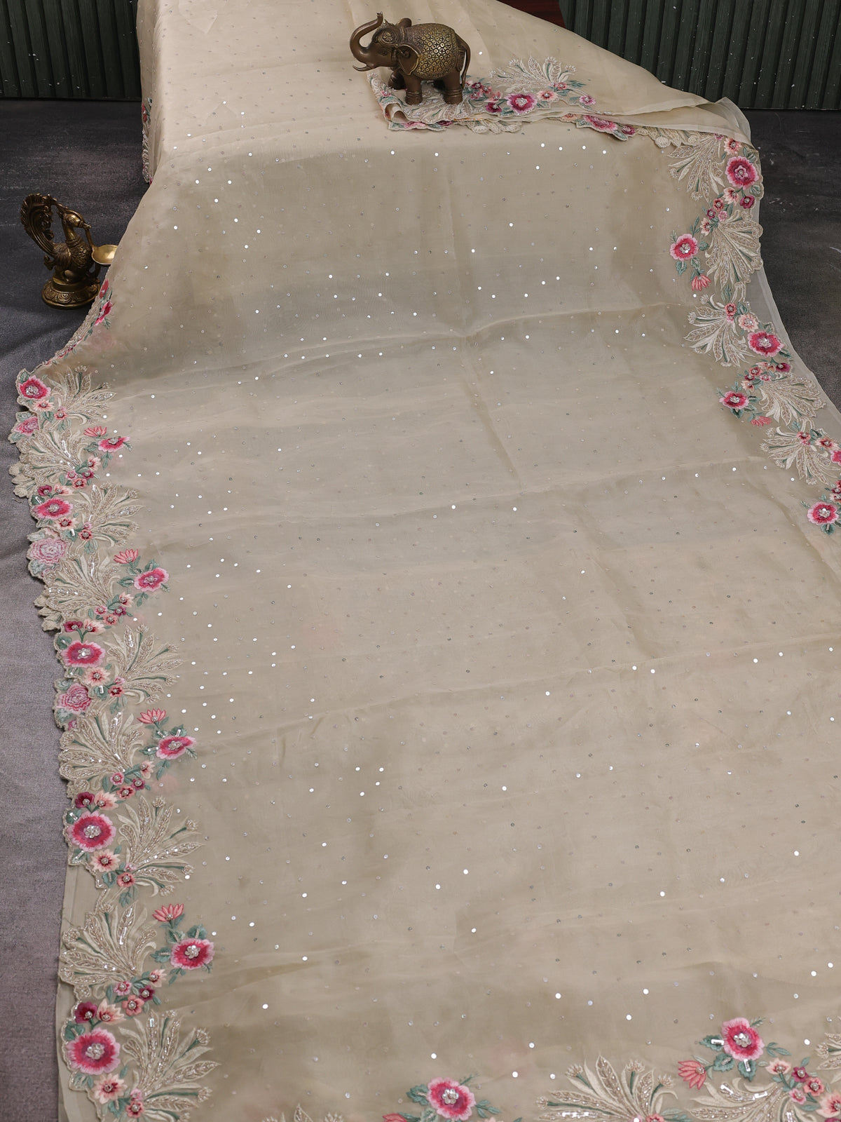 Beige Organza Embroidery Silk Saree