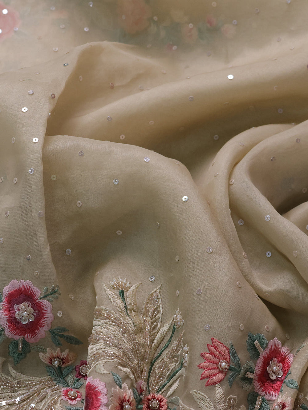 Beige Organza Embroidery Silk Saree