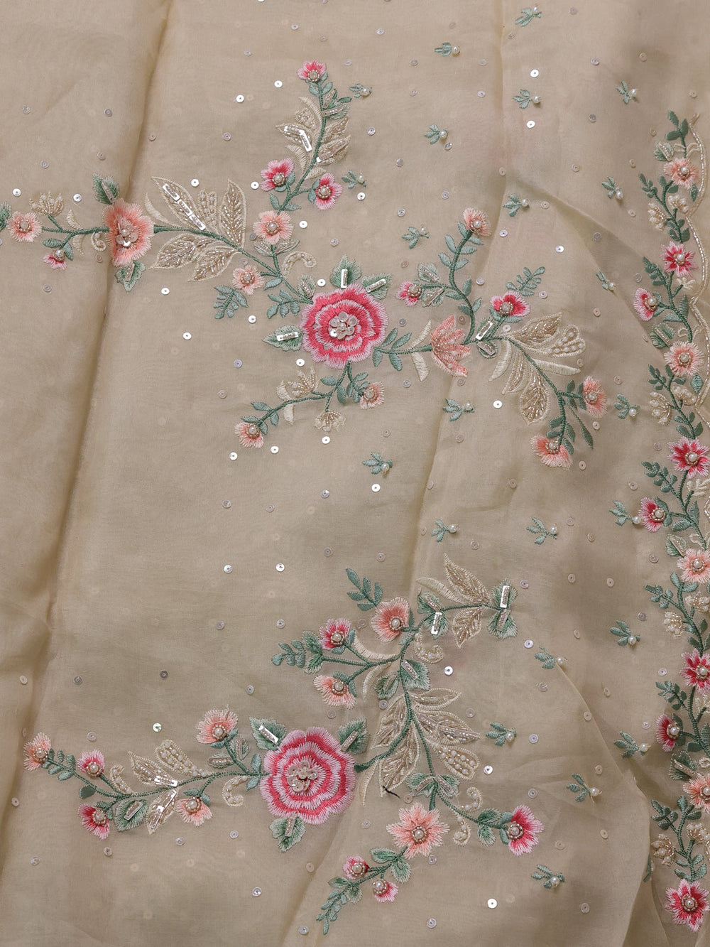 Beige Organza Embroidery Silk Saree