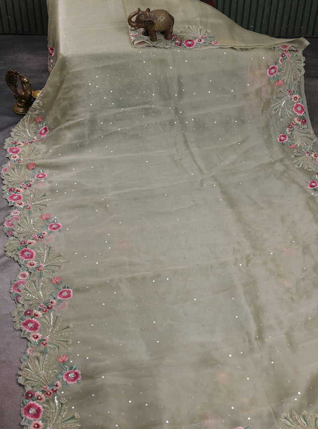 Pastel Green Organza Embroidery Silk Saree