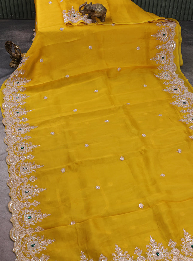 Yellow Organza Embroidery Silk Saree