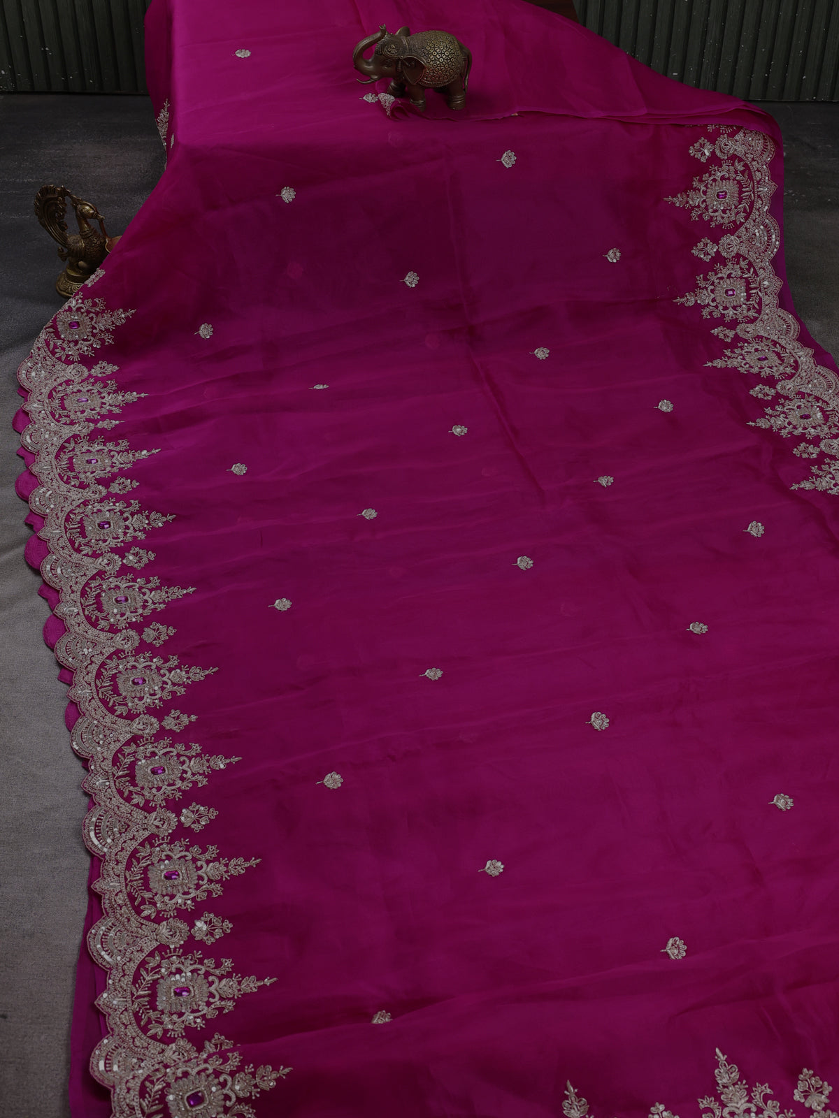 Rani Pink Organza Embroidery Silk Saree