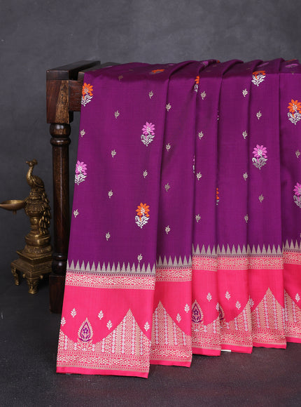Dark Magenta - Coral Pink Banarasi Silk Saree