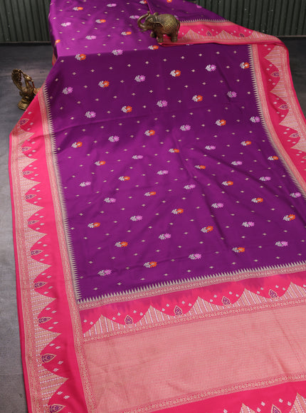 Dark Magenta - Coral Pink Banarasi Silk Saree