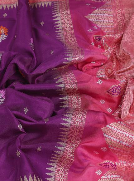 Dark Magenta - Coral Pink Banarasi Silk Saree