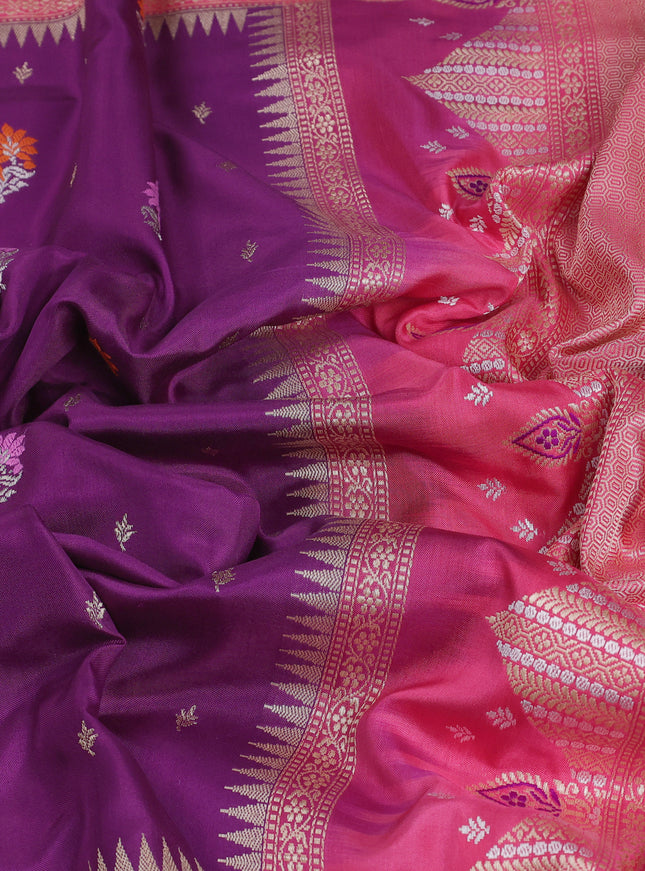 Dark Magenta - Coral Pink Banarasi Silk Saree