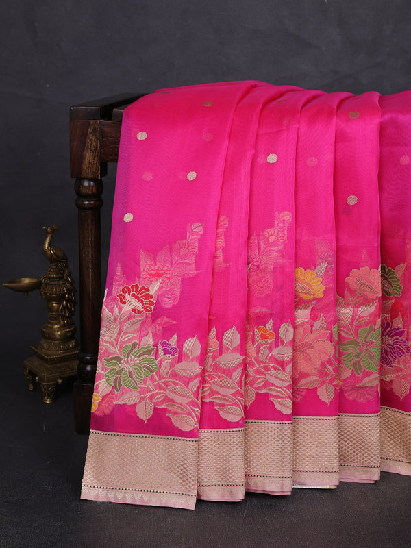 Candy Pink - Peach Banarasi Kora Silk Saree
