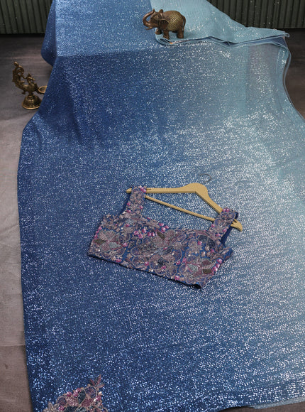 Blue Shade Net Sequin Embroidery Saree With Readymade Blouse