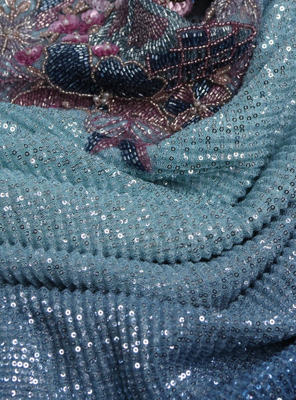 Blue Shade Net Sequin Embroidery Saree With Readymade Blouse
