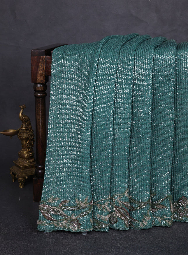 Beige - Green Net Sequin Embroidery Saree With Readymade Blouse