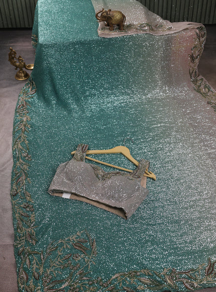 Beige - Green Net Sequin Embroidery Saree With Readymade Blouse
