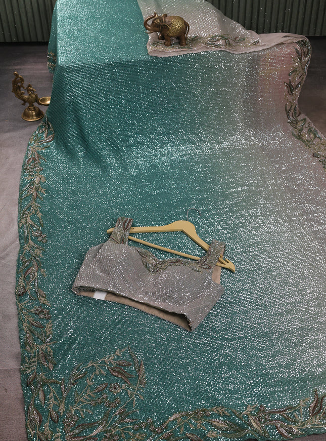 Beige - Green Net Sequin Embroidery Saree With Readymade Blouse