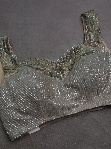 Beige - Green Net Sequin Embroidery Saree With Readymade Blouse