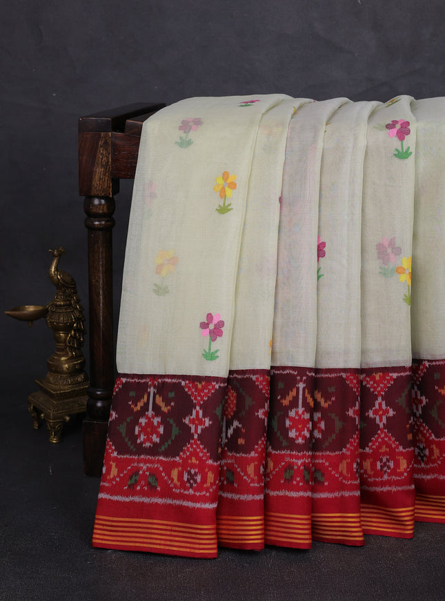 Mild Pista Green - Maroon Muslin Kora Silk Saree