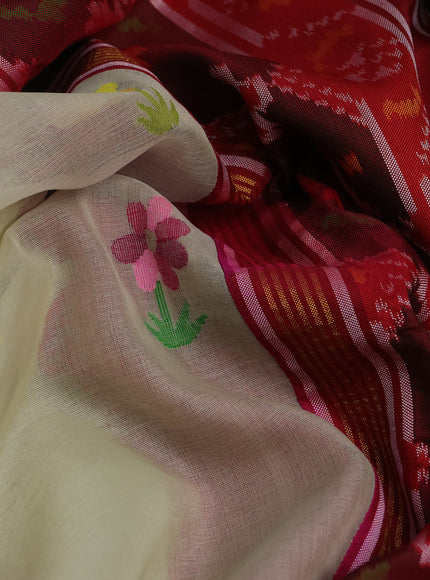 Mild Pista Green - Maroon Muslin Kora Silk Saree