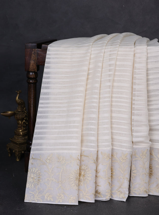 Off White Mul Chanderi Embroidery Saree
