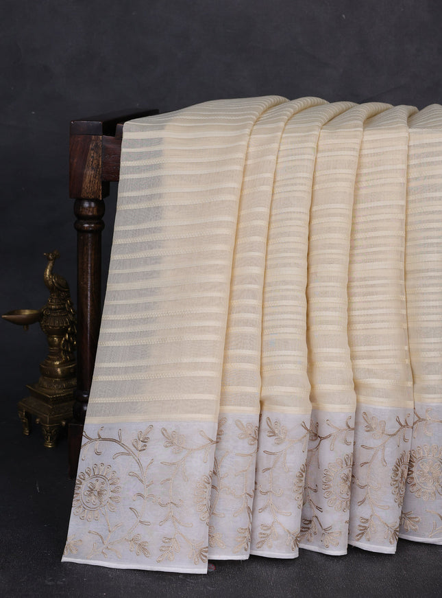 Cream Mul Chanderi Embroidery Saree