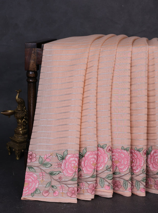 Peach Orange Mul Chanderi Embroidery Saree