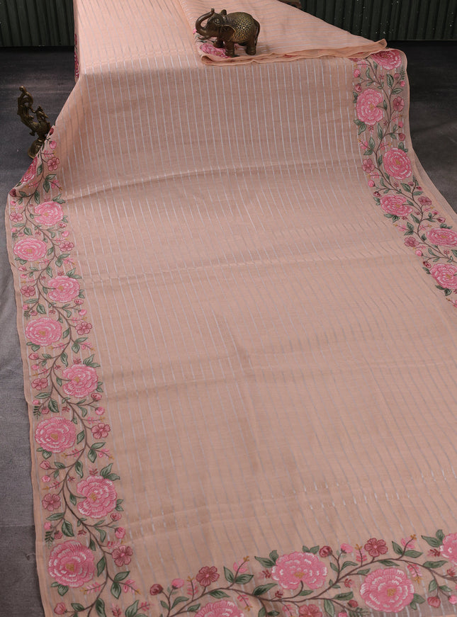 Peach Orange Mul Chanderi Embroidery Saree