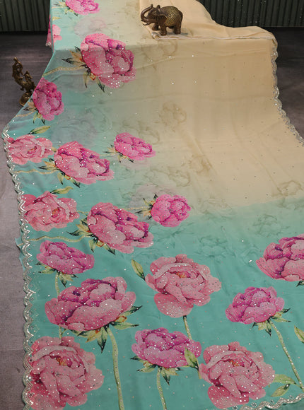 Beige -Teal Blue Georgette Sequin Embroidery Saree