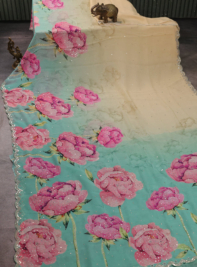 Beige -Teal Blue Georgette Sequin Embroidery Saree