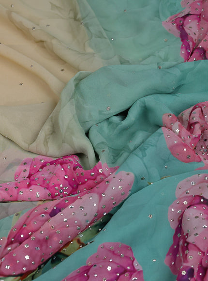 Beige -Teal Blue Georgette Sequin Embroidery Saree