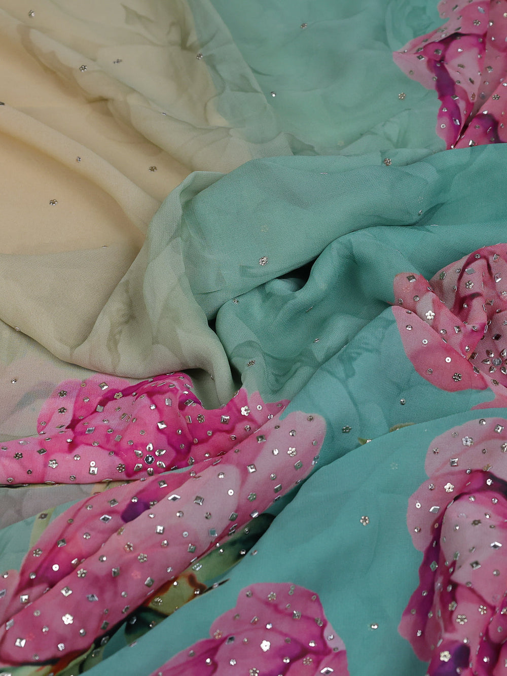 Beige -Teal Blue Georgette Sequin Embroidery Saree
