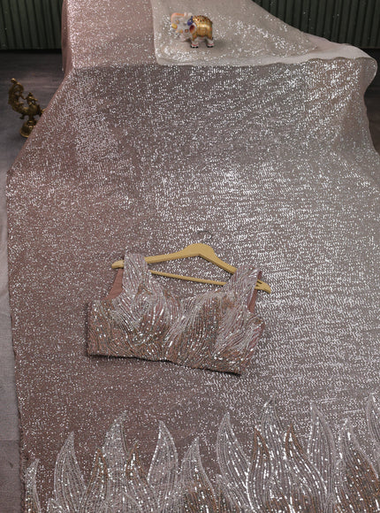 Beige - Rosy Brown Net Embroidery Saree With Cut Beaded Readymade Blouse