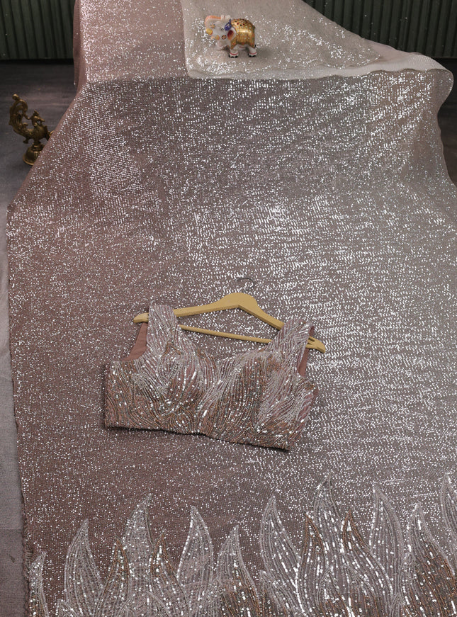 Beige - Rosy Brown Net Embroidery Saree With Cut Beaded Readymade Blouse