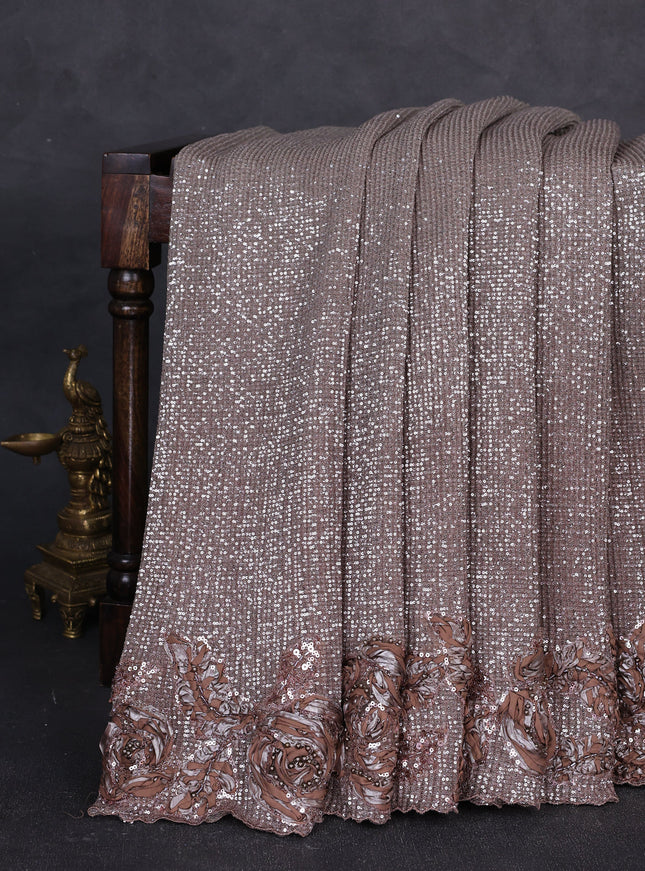 Grey - Brown Net Embroidery Saree With Cut Beaded Readymade Blouse