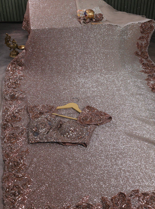Grey - Brown Net Embroidery Saree With Cut Beaded Readymade Blouse