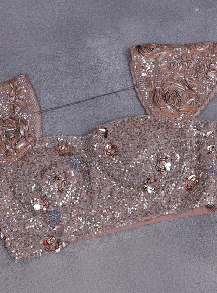 Grey - Brown Net Embroidery Saree With Cut Beaded Readymade Blouse