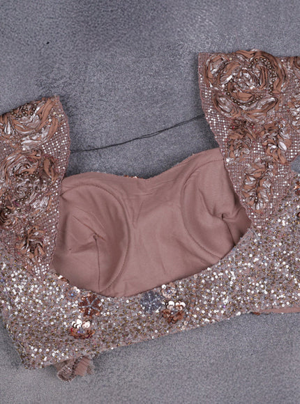 Grey - Brown Net Embroidery Saree With Cut Beaded Readymade Blouse