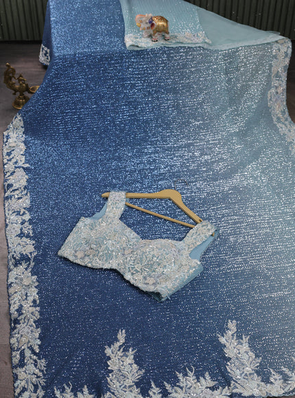 Light Blue - Blue Net Embroidery Saree With Cut Beaded Readymade Blouse