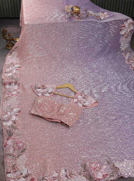 Lavender - Peach Net Embroidery Saree With Sequin Work Readymade Blouse